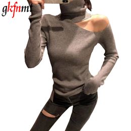 Knitted Sweater Off Shoulder Pullovers Sweater for Women Long Sleeve Turtleneck Female Jumper Black White Grey Sexy Clothing T200101