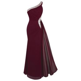 Angel-fashions Women's One Shoulder Evening Dress Long Pleated Beading Formal Party Gown wine red 411 T200604