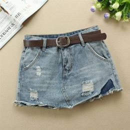 Fashion 2020 Spring Summer Blue Mid Waist Denim Shorts Skirts Women Slim Fringe Casual Ripped Hole Jeans Shorts With Belt T200701