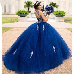 Dark Blue Embroidered Quinceanera Dresses Keyhole Backless Lace-up Bateau Tulle Ball Gown Sweet 16 Dress Prom Graduation Dress Long Chic