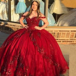 Luxury Burgundy Lace Beads Quinceanera Dresses Ball Gown Sweet 16 Year Princess Dress For Gilrs Off The Shoulder Sleveless Floor length Prom vestidos de 15 años