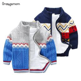 Brand Children Sweater winter - spring Kids Knitted Sweaters for boys Cardigan Thick Baby Jacket Velvet Lined Gray And Blue coat 201128