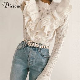DICLOUD Ruffled Trim Knitted Jumper White Women Autumn Winter Hollow Out Sweater Flared Sleeve Fashion Pullover Ladies 201221