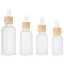 Empty Refillable Dropper Bottles Frosted Glass Vial Cosmetic Container Jar Holder Sample Bottle with Imitated Wooden Lids