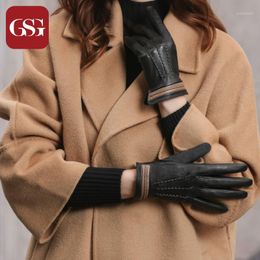 black leather gloves for women Canada - Five Fingers Gloves GSG Fashion Winter Womens Genuine Leather Lambskin Driving Black Brown1