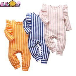 Baby Girl Romper Newborn Baby Clothes Fall Cotton Solid Color Stripe Ruffle Design Jumpsuit New Born Toddler Clothing Costume 201027