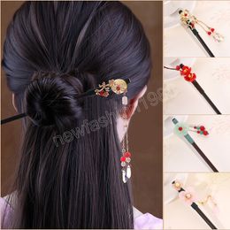 Vintage Wood Flower Hairpin Women Chinese Style Hair Sticks Tassel Hairpins Bride Wedding Hair Jewelry Gifts