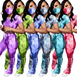 Women Two Piece Tie Dye Sports Set Fashion Printed Short Sleeve Pleated Split Stitching Micro Horn Long Pant Casual Suits without Mask