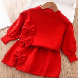 kids Baby Girl Clothes Sets Warm pullover Sweater Spring Autumn Girls Bowknot Cute Solid Colour Knitwear + Skirt 2-piece Set