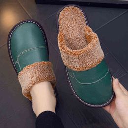 2022 Genuine Leather Waterproof Faux Fur Indoor Slippers Women Winter Non-Slip Warm Plush Home Unisex Slides Outdoor Shoes W220218