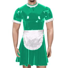 Plus Size Halloween Sexy Men Maid Cosplay Dress Short Sleeve Wetlook PVC Housekeeper Uniform A-line Mini Dress With Apron