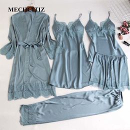 MECHCITIZ 5 pieces silk Pyjamas sets women satin sleepwear robe pants autumn pijamas bathrobe sexy lingerie lace winter pyjamas 201027