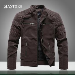 Mens Leather Jacket Casual Autumn Winter Stand Collar Men Motorcycle Jackets Fleece Zipper High Quality PU Leather Coats 201118