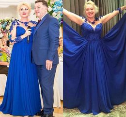 Royal Blue Chiffon A Line Mother Of The Bride Dresses Sheer Neck Long Sleeve Prom Gowns 2020 Appliqued Lace Plus Size Evening Dresses AL6460