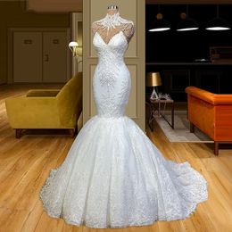 Retro White Mermaid Wedding Dresses High Collar Lace Beaded Sweep Train Bridal Gowns Vestido De Novia