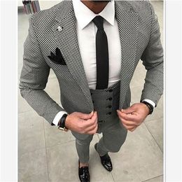New Custom Made Men Chequered Suit Dresses Tailored black Weave Hounds Tooth Cheque wedding mens suits 3 pcs jacket+pants+vest 201106