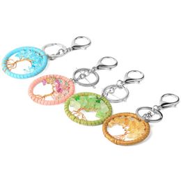 Round Keychains Natural Chip Stones Rose Gold Colour Wire Wrap Life Tree Key Chain Decor for Car Bag Big Circle Keyring