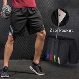 Hombres corriendo pantalones cortos Stripe Zip Pocket Gym Gym Tennis Shorts Entrenamiento de secado rápido Baloncesto de fitness Sport Loos