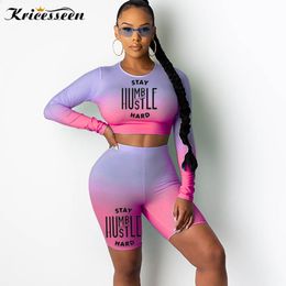 Women's Tracksuits Kricesseen Sexy Print Letter Two Piece Shorts Set Women Long Sleeve Top And Biker Suits Sportwear Matching Sets
