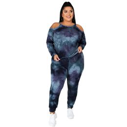 Casual Plus Size Women Tie-dye Printing Tracksuits Autumn Lady O-neck Hollow Out Tees Skinny Sport Pants Two Piece Sets 201123