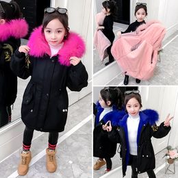 Baby Girls' winter coat 4-13 years old warm Casual Embroidered flowers rabbit fur collar hooded padded trench winter jacket LJ201126