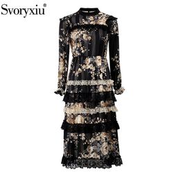 Svoryxiu Vintage luxury Flower Print Patchwork Tiered Lace Midi Dress Women's Elegant Flare Sleeve Spring Summer Runway Dresses 201204