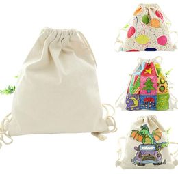 100pcs Children DIY Blank White Canvas Large Capacity Drawstring Bag Travel Backpack School Bag