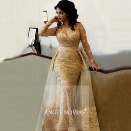 Long Sleeves Elegant Gold Mermaid Lace V Neck Arabic Elegant Evening Dress 2020 with Detachable Skirt Abiye Elbiseleri LJ201119