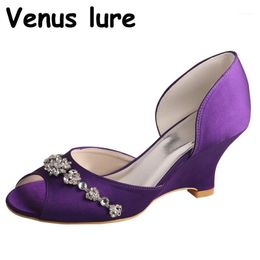 Dress Shoes Custom Crystal Peep Toe Wedge Heel Purple Satin Women