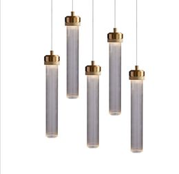 Round tube glass modern pendant lamp led Striped cylinder pendant lights Long tube crystal copper small droplight loft
