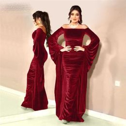 Burgundy Velvet Mermaid Evening Dresses Arabic Flare Sleeve Dubai Formal Party Gowns Longo Prom Gowns 2021