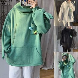 Women Sweatshirt Autumn oversized Harajuku Letters Print Lovely Frog Casual Hooded Hoodies Female stitching Japan Top pullover 201217