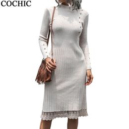 Women Oblique button Mid-tertleneck Knit Autumn Dress Solid Colour Spring Winter long Sleeve Knitwear Lace Splice Dresses 201027