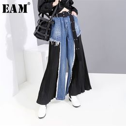 [EAM] High Waist Blue Pleated Split Long Wide Leg Denim Trousers New Loose Fit Pants Women Fashion Spring Autumn 2020 LJ201029