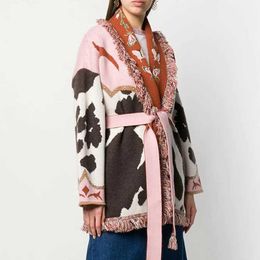 Women's Knits & Tees Boho Inspired Jacquard Cashmere Belted Cardigan Women Warm Fringed Winter Coat Oversized Long Sleeve Sweater