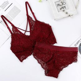 Gym Clothing Sports Push Up Bra Set Cross Back Transparent V-neck Knitted Beauty Wire Free Cotton And Brief Lingerie