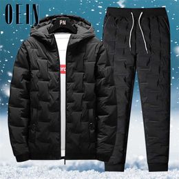 OEIN Winter Men Parka Set Outwear Overcoat+Cotton Pants Suit Casual Warm 2 Pcs Parkas Sets Slim Fit Tracksuit Mens Clothing 211222