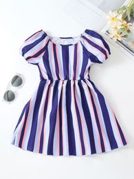 Toddler Girls 1pc Vertical Striped Puff Sleeve Dress SHE