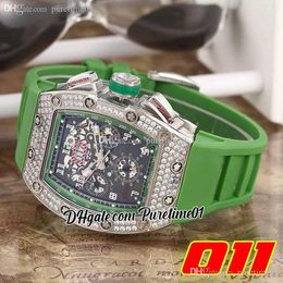 2022 A21j Automatic Mens Watch Steel Case Dimaonds Bezel Big Date Black Skeleton Dial Green Rubber Strap Super Edition 7 Styles Puretime01 SG-A1