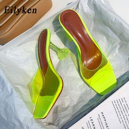 Eilyken Offene spitze silber Grün PVC Transparent dicken Block High Heels Frau Gelee Sandalen Frauen Rutschen Hausschuhe Maultiere schuhe X1020