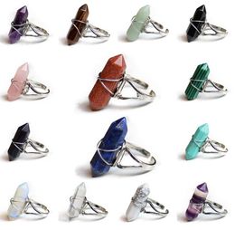 Hexagonal Prism Rings Gemstone Rock Natural Crystal Quartz Healing Point Chakra Stone Charms Opening Rings for women men party gift