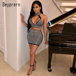 Beyprern Sexy Halter Neck Rhinestone Embellished Skirt Set Two Pieces High Quality Shiny Sequined Club Bodycon Chirstmas Outfits T200325