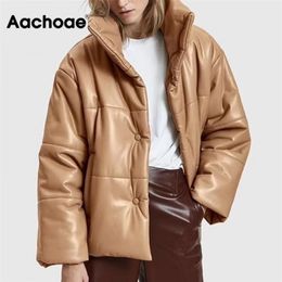 Women PU Leather Parkas Fashion High Street Solid Faxu Leather Coats Elegant Winter Thick Cotton Jackets Loose Outerwear 201103