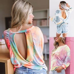 Round neck open back sweater 2021 autumn and winter new women's gradient Colour long-sleeved tie-dye loose sexy top women