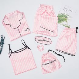 Autumn Spring 7 Pieces Set Silk Elegant Women Pajamas stripe Shorts Long Sleeve Tops Elastic Waist Pants Full Lounge Sleepwear Y200708