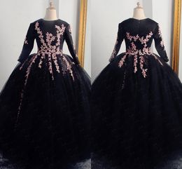 2022 Black Quinceanera Dresses With Long Sleeve High Jewel Floral Applique Beaded Ball Gowns Sweet 15 Dress Prom Graduation Formal Evening