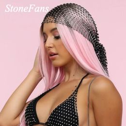 Stonefans Handmade Bling Crystal Head Scarf Tassel Jewelry for Women Fashion Rhinestone Head Accessories Black Headband Hollow J0121