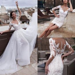 Setwell Jewel Sheer Neck A-line Wedding Dresses Sexy Back 3/4 Long Sleeves Two Pieces Lace Appliques Floor Length Bridal Gowns