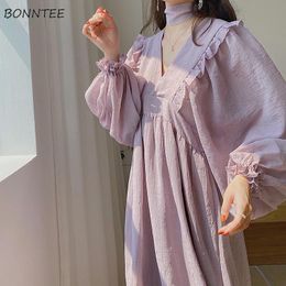 Dress Women Solid Ulzzang Leisure Lovely Preppy Style Student Sweet Girls Chiffon Summer V-neck Retro Vintage Baggy Loose Maxi Y0118