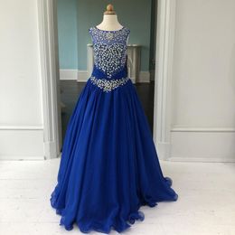 2021 Girls Pageant Dresses Royal Blue Size with Lace Up and Jewel Neck Real-Picture Beading Chiffon Little Girls Prom Gown Crystal AB Stones